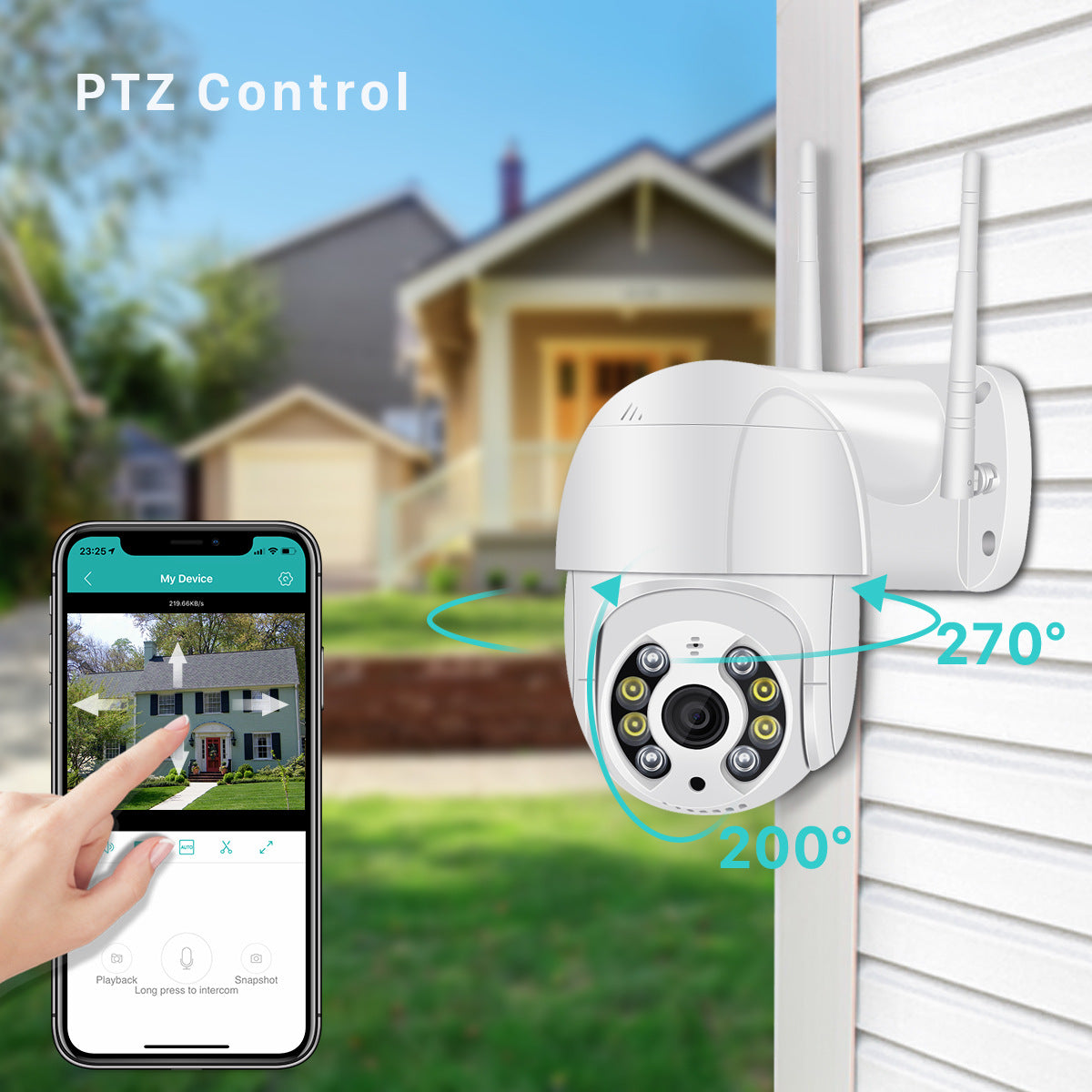 Telecamera PTZ installata sulla parete esterna di un edificio