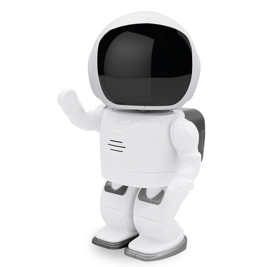 Robot giocattolo bianco con casco nero che saluta, design futuristico per bambini