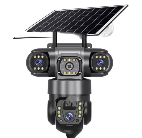 Telecamera solare motorizzata vista dall'alto con pannello inclinato