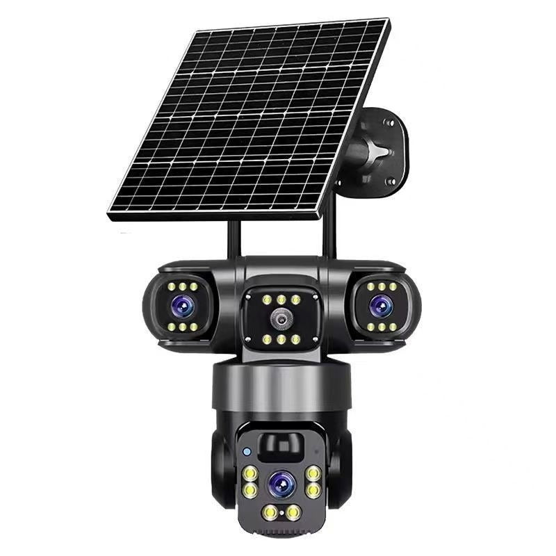 Telecamera solare a tre obiettivi con pannello, vista frontale su sfondo bianco