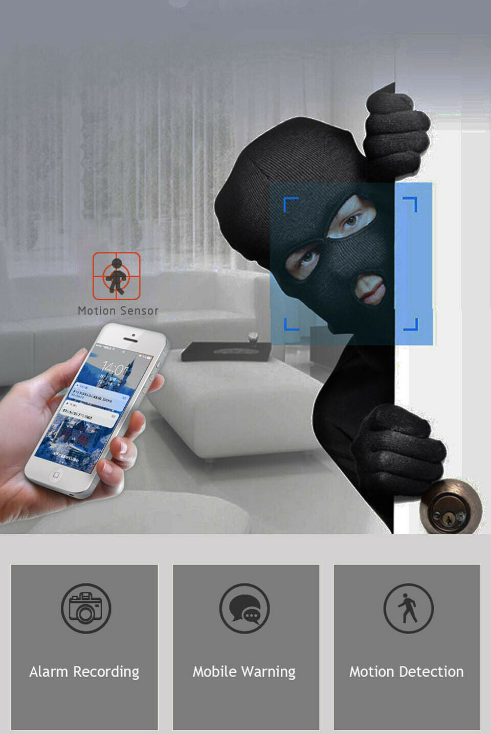 Telecamera videosorveglianza MicroElgo con rilevamento movimento, avviso mobile e registrazione allarme per sicurezza domestica