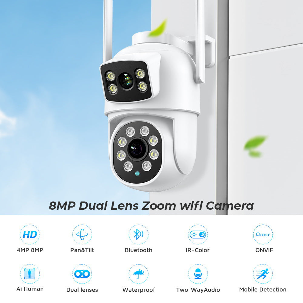 Telecamera WiFi bianca da esterno con doppio obiettivo, vista frontale