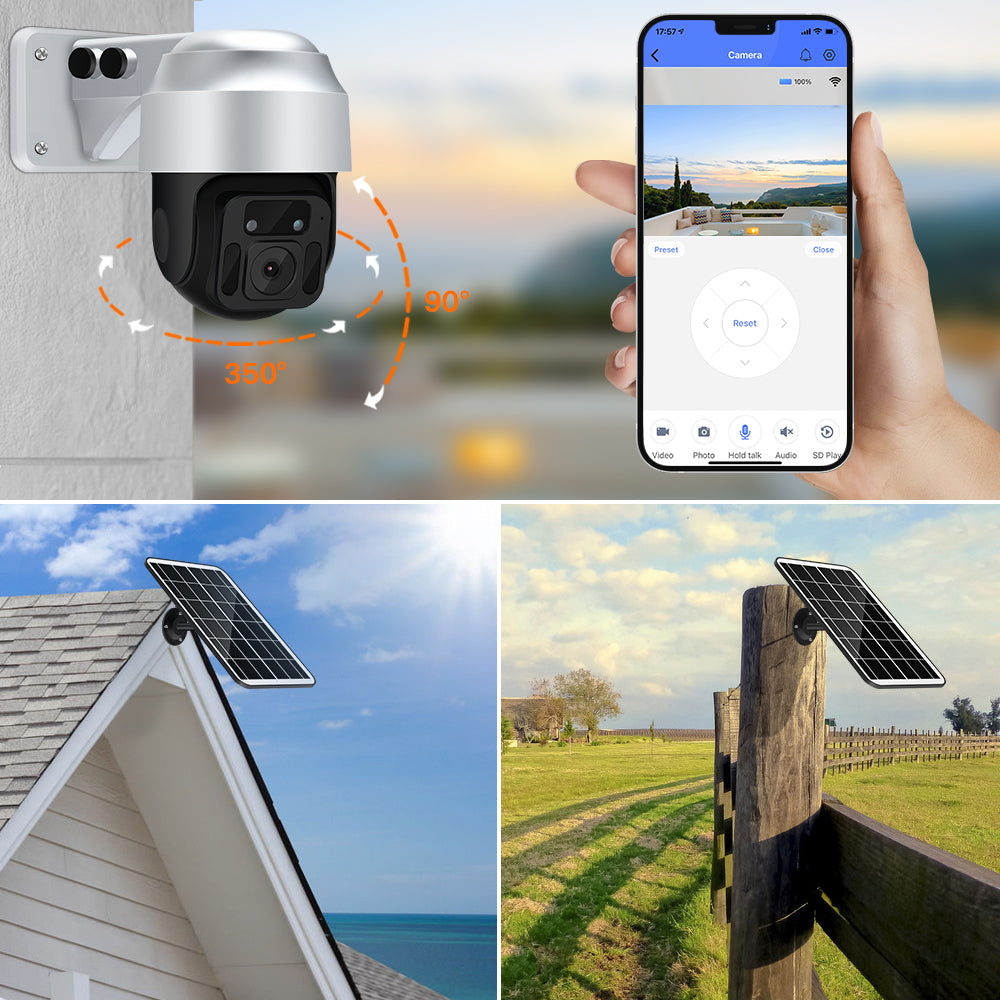 Telecamera di sicurezza esterna con pannello solare, angolo di visione 350°, controllo via app smartphone