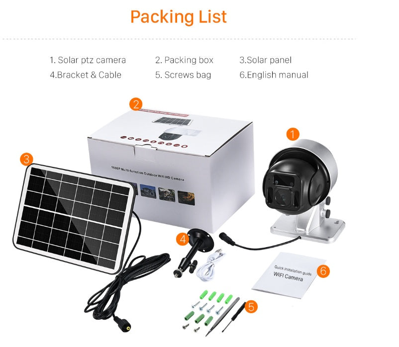 Telecamera di sicurezza solare PTZ con pannello solare, staffa e accessori per videosorveglianza esterna