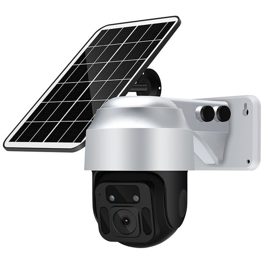 Telecamera di sicurezza esterna con pannello solare, ideale per videosorveglianza intelligente e autonomia energetica.