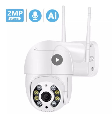Telecamera WiFi PTZ vista laterale con testa motorizzata e base di appoggio