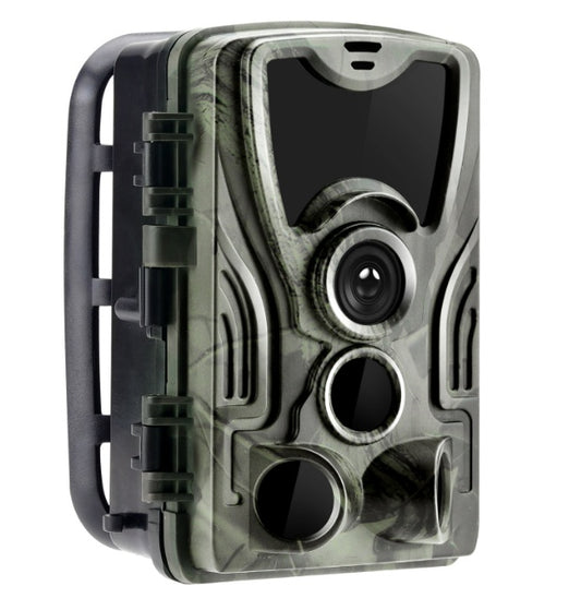 Fototrappola 16MP verde mimetica vista frontale con obiettivo e LED a infrarossi