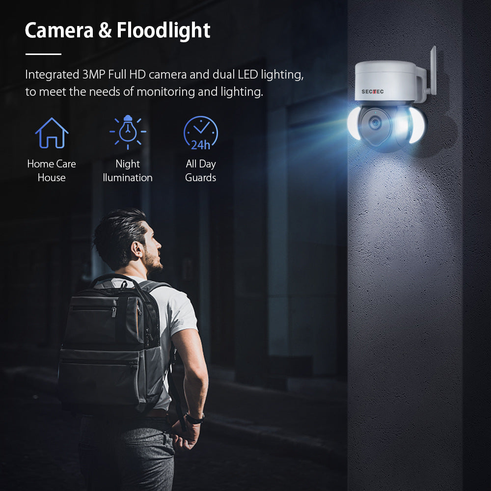 Telecamera 4G da esterno con faro LED integrato, vista frontale