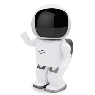 Robot astronauta bianco con casco nero, braccio alzato, design futuristico su sfondo bianco