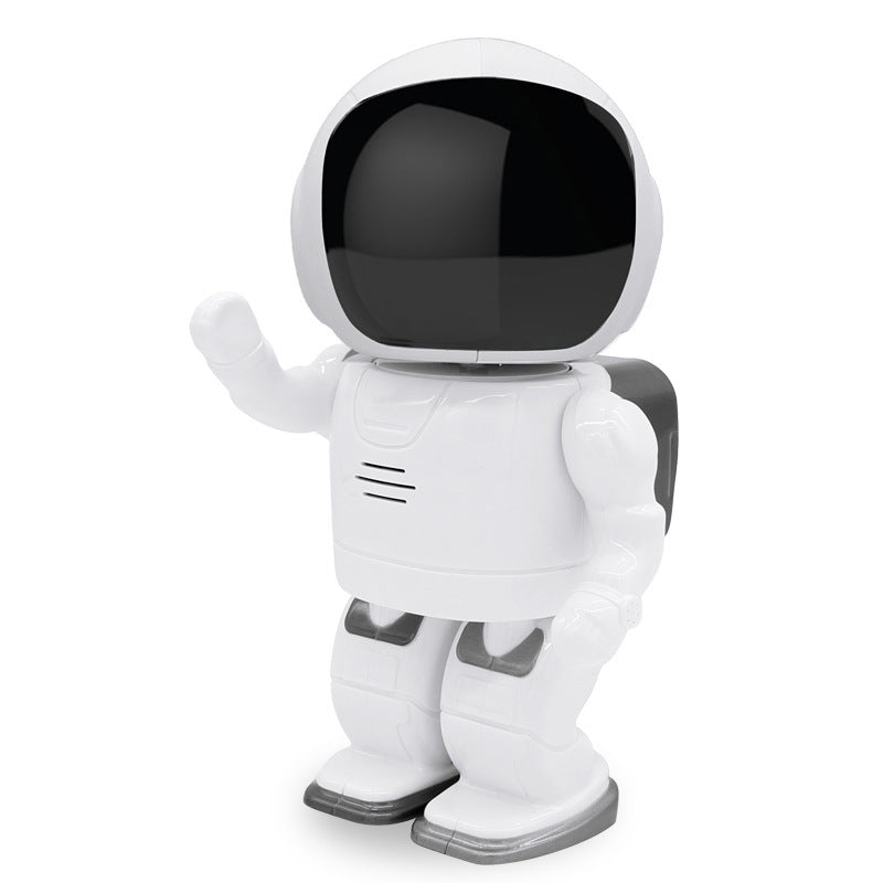 Robot giocattolo bianco con casco nero che saluta, design futuristico per bambini