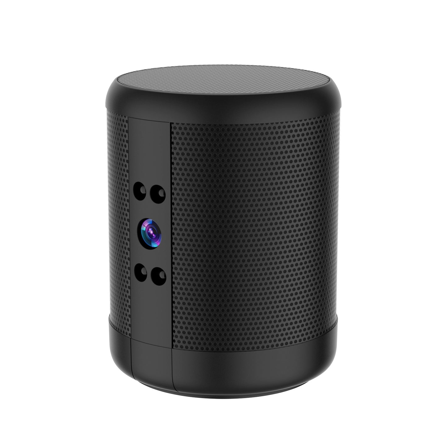 Telecamera speaker nera vista di tre quarti, con obiettivo e LED a infrarossi in evidenza