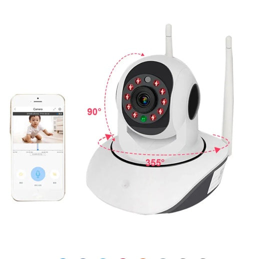 Telecamera di sorveglianza MicroElgo con angolo di visione 355° e 90°, compatibile con app mobile per monitoraggio in tempo reale.