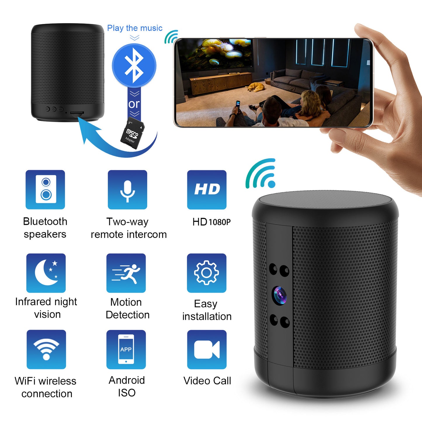 Riepilogo delle funzioni: speaker Bluetooth, audio bidirezionale, HD 1080p e visione notturna