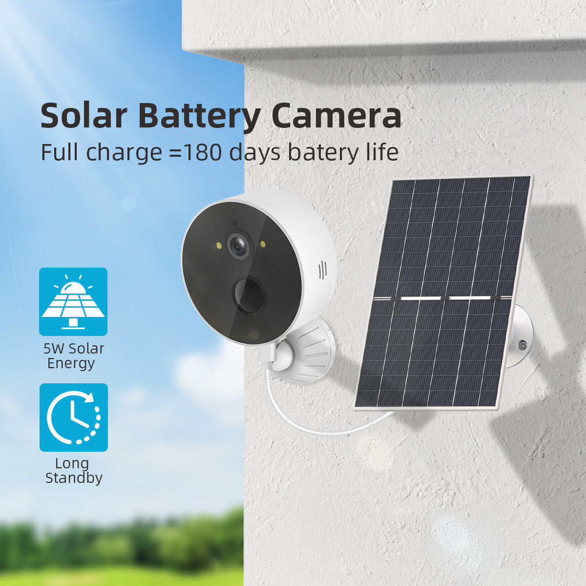 Telecamera solare bianca fissata al muro accanto al pannello solare, vista d'insieme