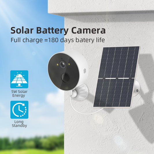 Telecamera solare bianca fissata al muro accanto al pannello solare, vista d'insieme