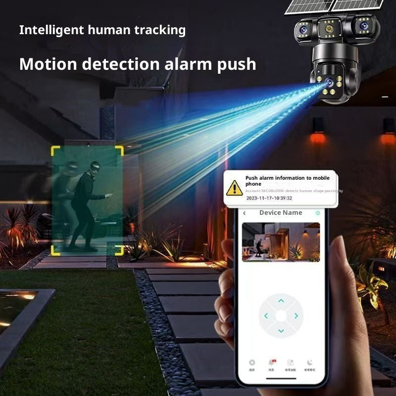Ripresa notturna di una persona nel giardino con notifica sul telefono