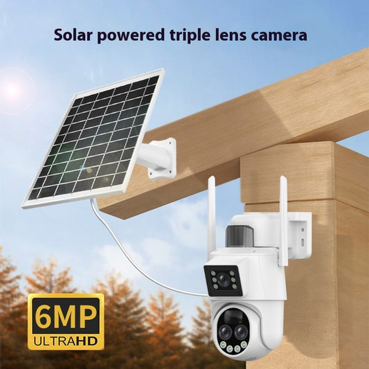 Telecamera solare da esterno con doppio obiettivo, vista frontale