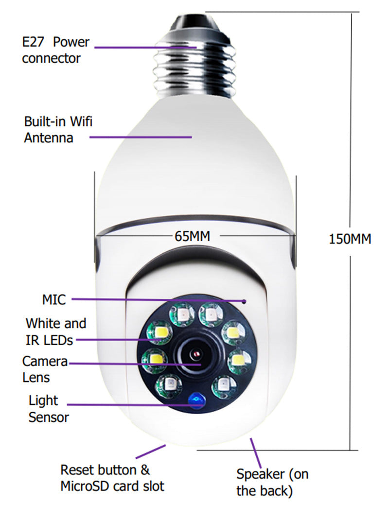 Telecamera di sicurezza a forma di lampadina con Wi-Fi, LED IR, microfono e sensore di luce