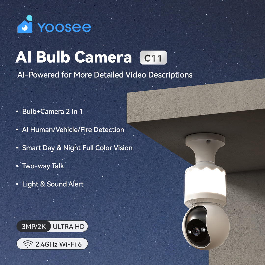 Telecamera lampadina Wi-Fi 2K con attacco a vite E27, vista frontale