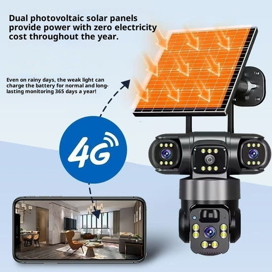 Telecamera solare nera multiobiettivo con pannello fotovoltaico e app sullo smartphone