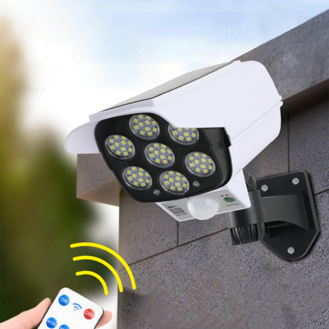Telecamera finta solare da esterno con luce LED, vista frontale