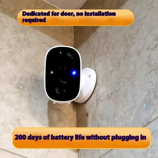 Telecamera bianca a batteria fissata alla parete accanto alla porta di casa, con LED di stato acceso